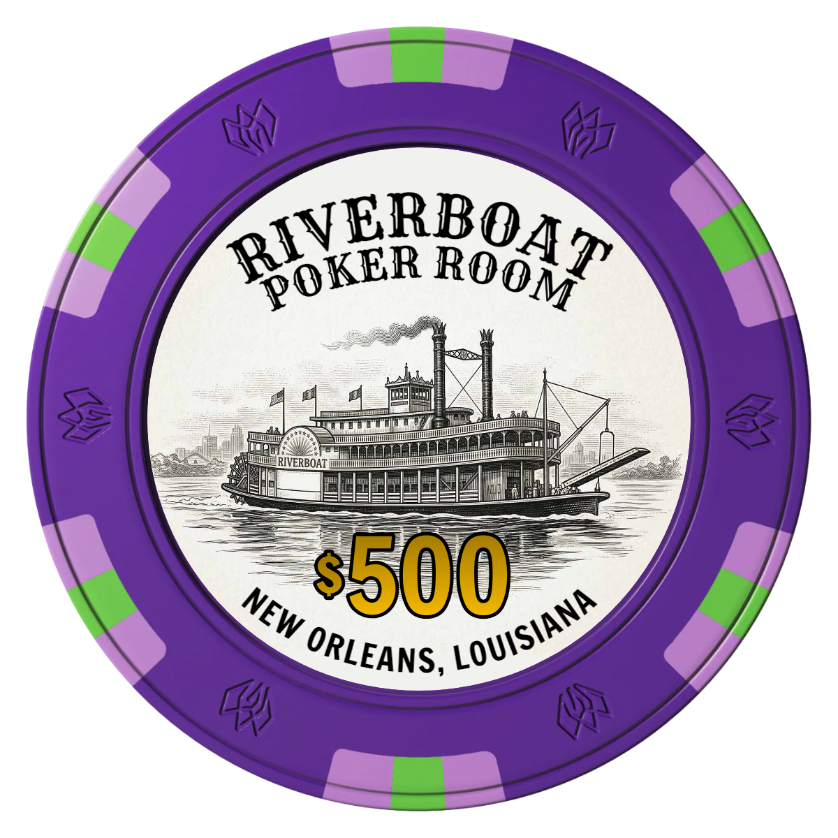 Riverboat Poker Room Clay Poker Chips - Purple / 6 Spot Gem / 43mm - Front