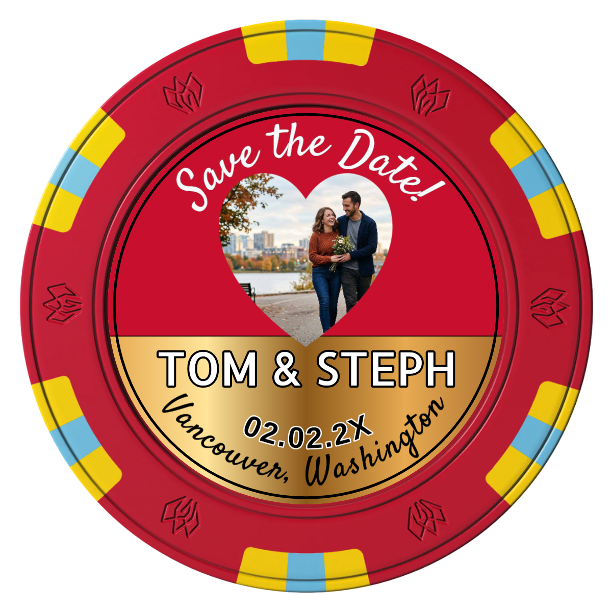 Save the Date Hearts Clay Poker Chips - Red / 6 Spot Gem / 40mm - Front