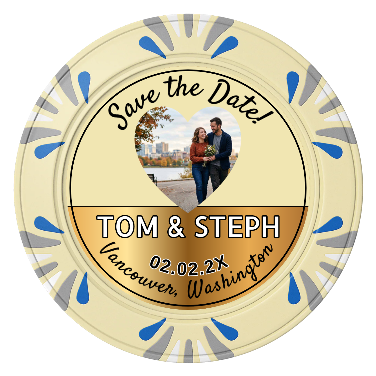 Save the Date Hearts Clay Poker Chips - Ivory / Macau / 40mm - Front
