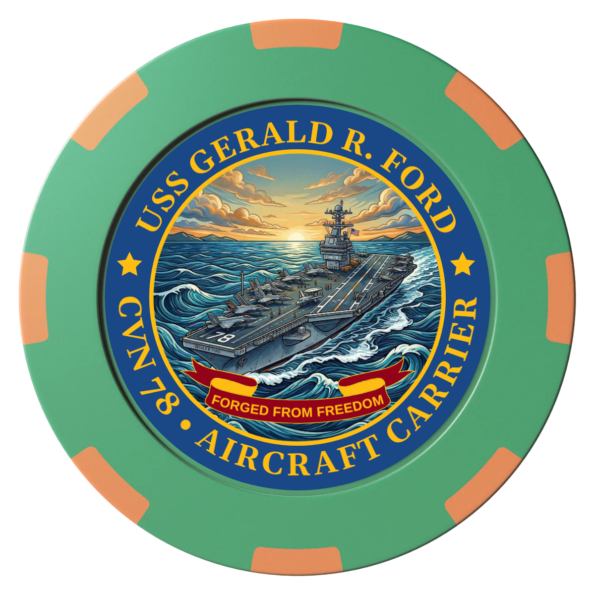 Navy USS Gerald Ford Clay Poker Chips - Green / 8 Spot (2 Tone) / 40mm - Front