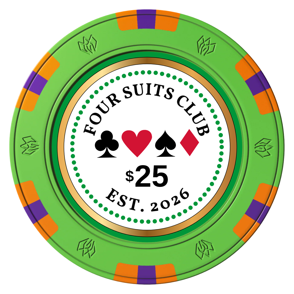 Fours Suits Club Clay Poker Chips - Green / 6 Spot Gem / 40mm - Front