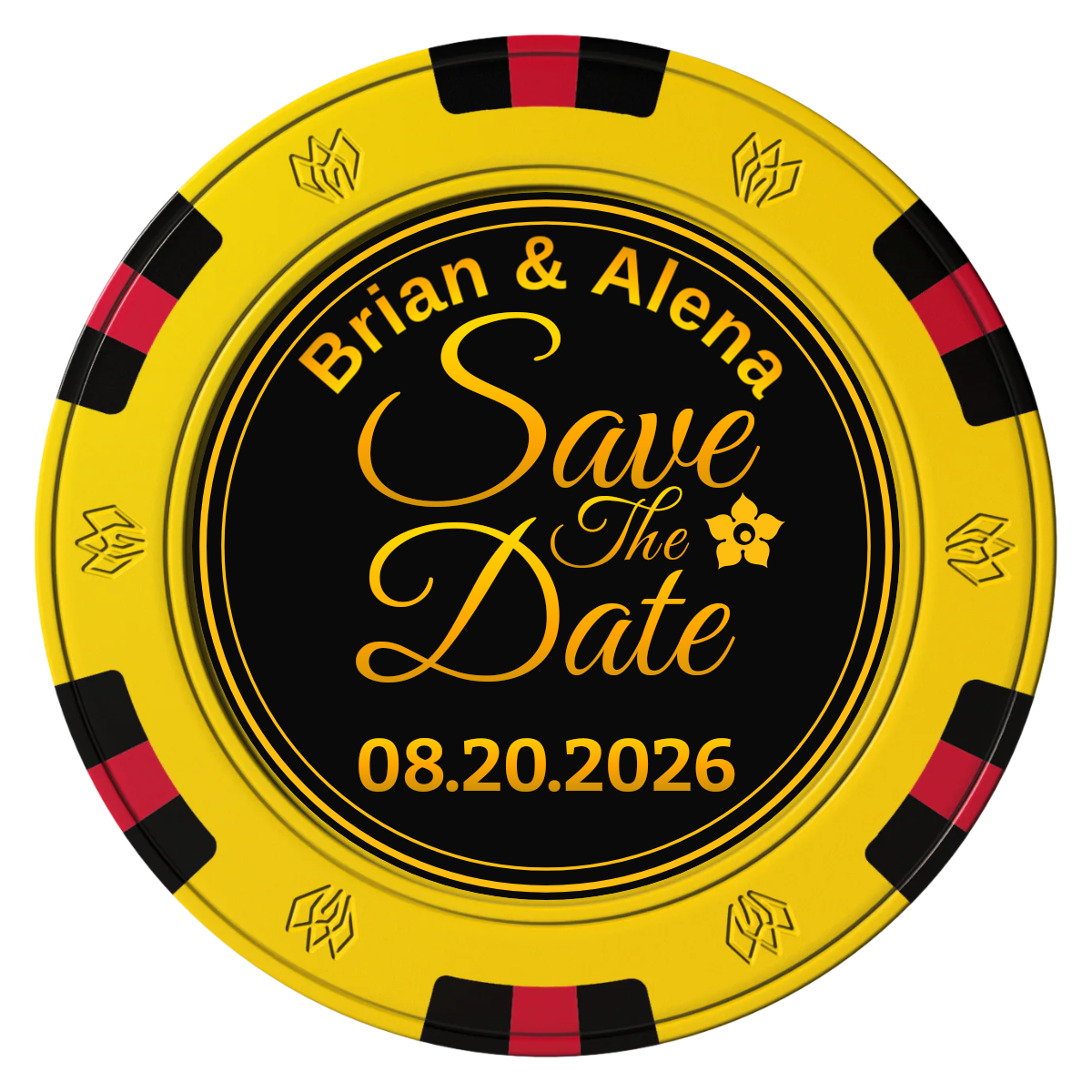 Save the Date Text Clay Poker Chips - Yellow / 6 Spot Gem / 43mm - Front
