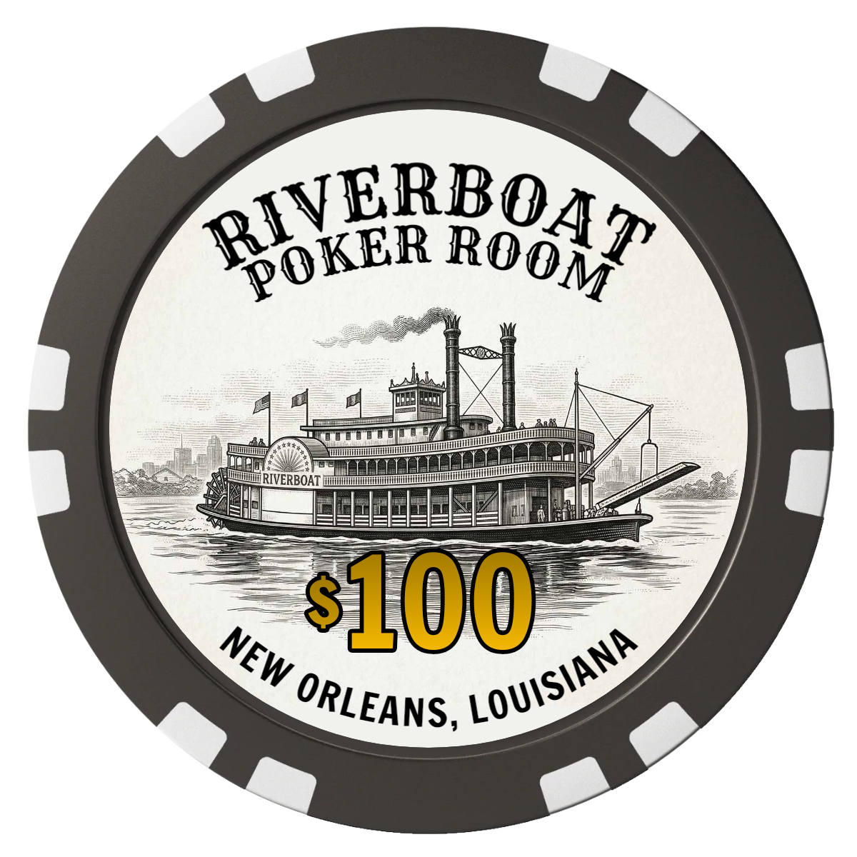 Riverboat Poker Room Composite Poker Chips - Black / Double Stripe - Front
