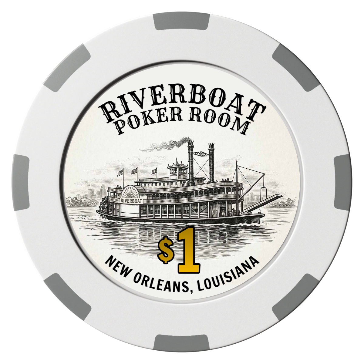 Riverboat Poker Room Clay Poker Chips - White / 8 Spot (2 Tone) / 40mm - Front