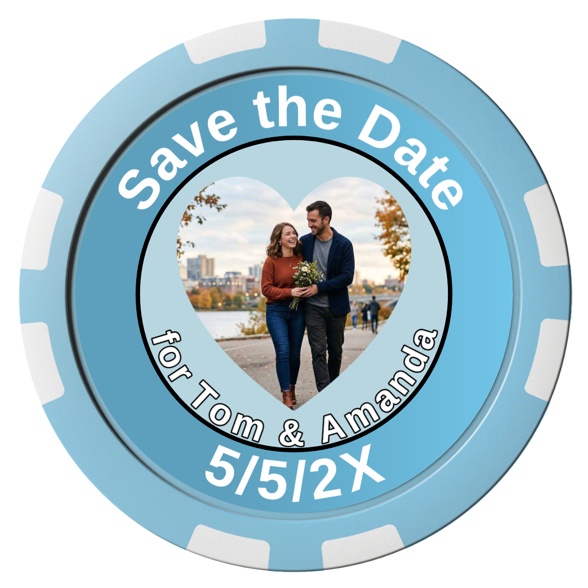Save the Date #01 Composite Poker Chips - Light Blue / 8 Stripe - Front