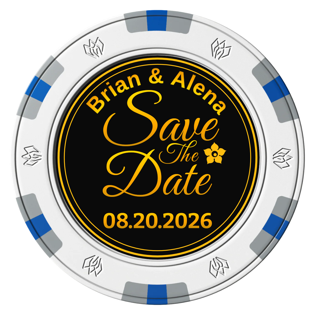 Save the Date Text Clay Poker Chips - White / 6 Spot Gem / 43mm - Front