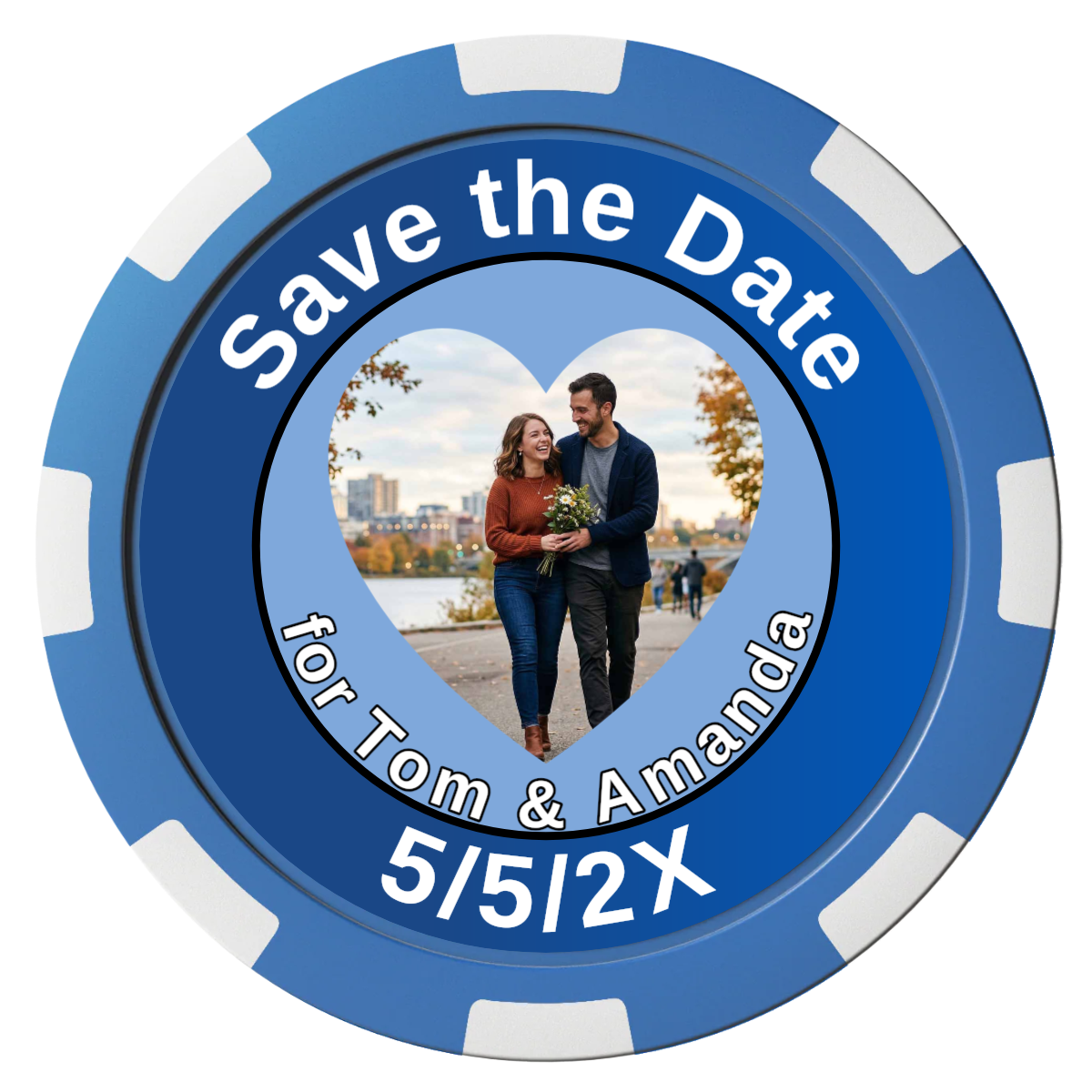 Save the Date #01 Magnetic Composite Poker Chips - Blue / 8 Spot - Front
