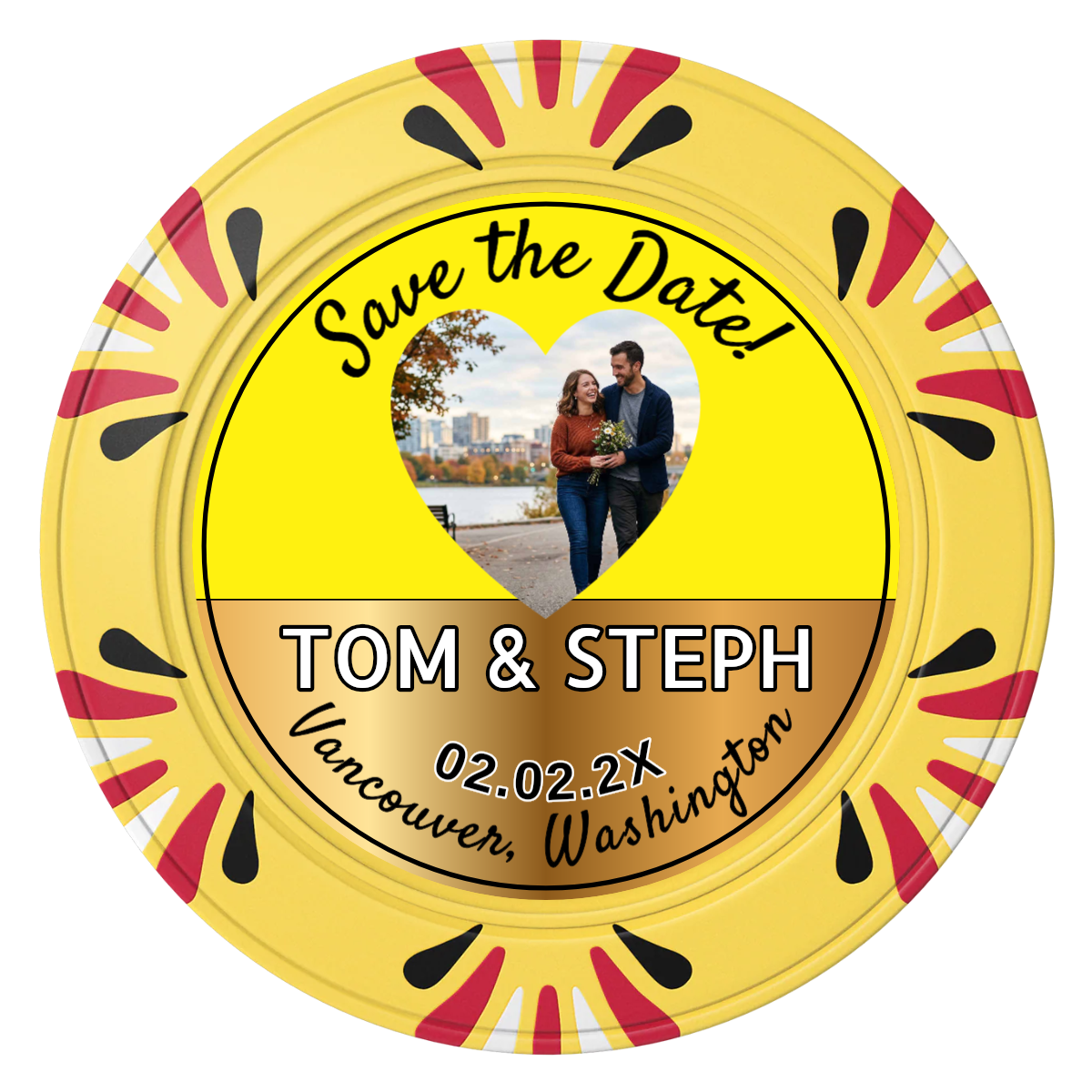 Save the Date Hearts Clay Poker Chips - Yellow / Macau / 40mm - Front