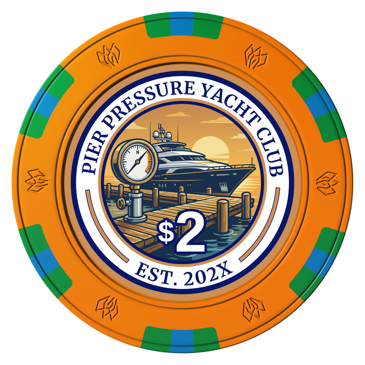 Anchor Down Card Room Clay Poker Chips - Orange / 6 Spot Gem / 40mm - Front