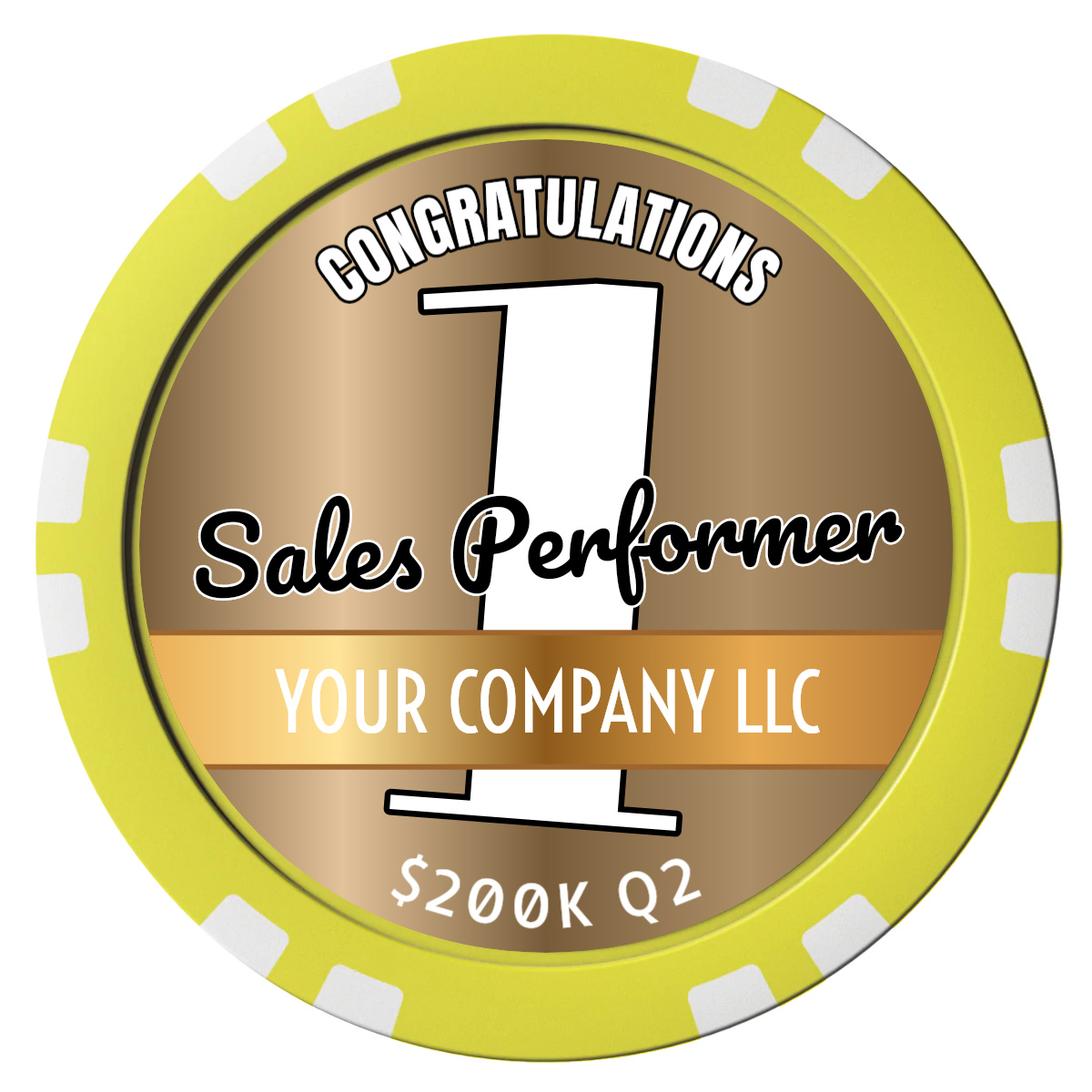 Top Sales Performer Composite Poker Chips - Yellow / Double Stripe - Front