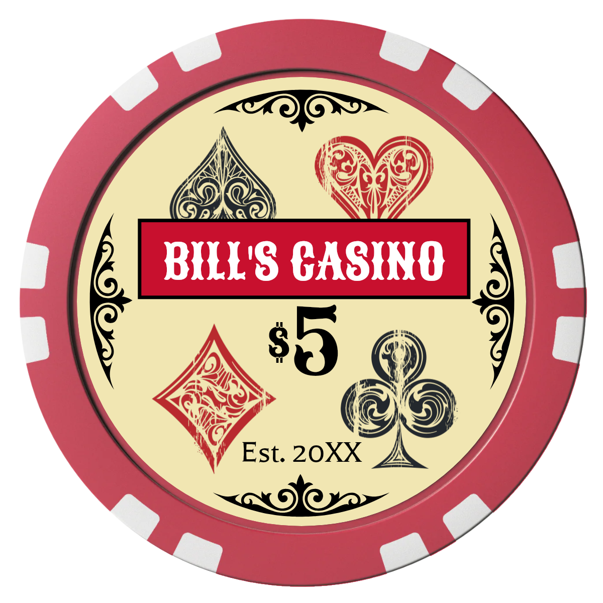 Vintage Four Suits Composite Poker Chips - Red / Double Stripe - Front