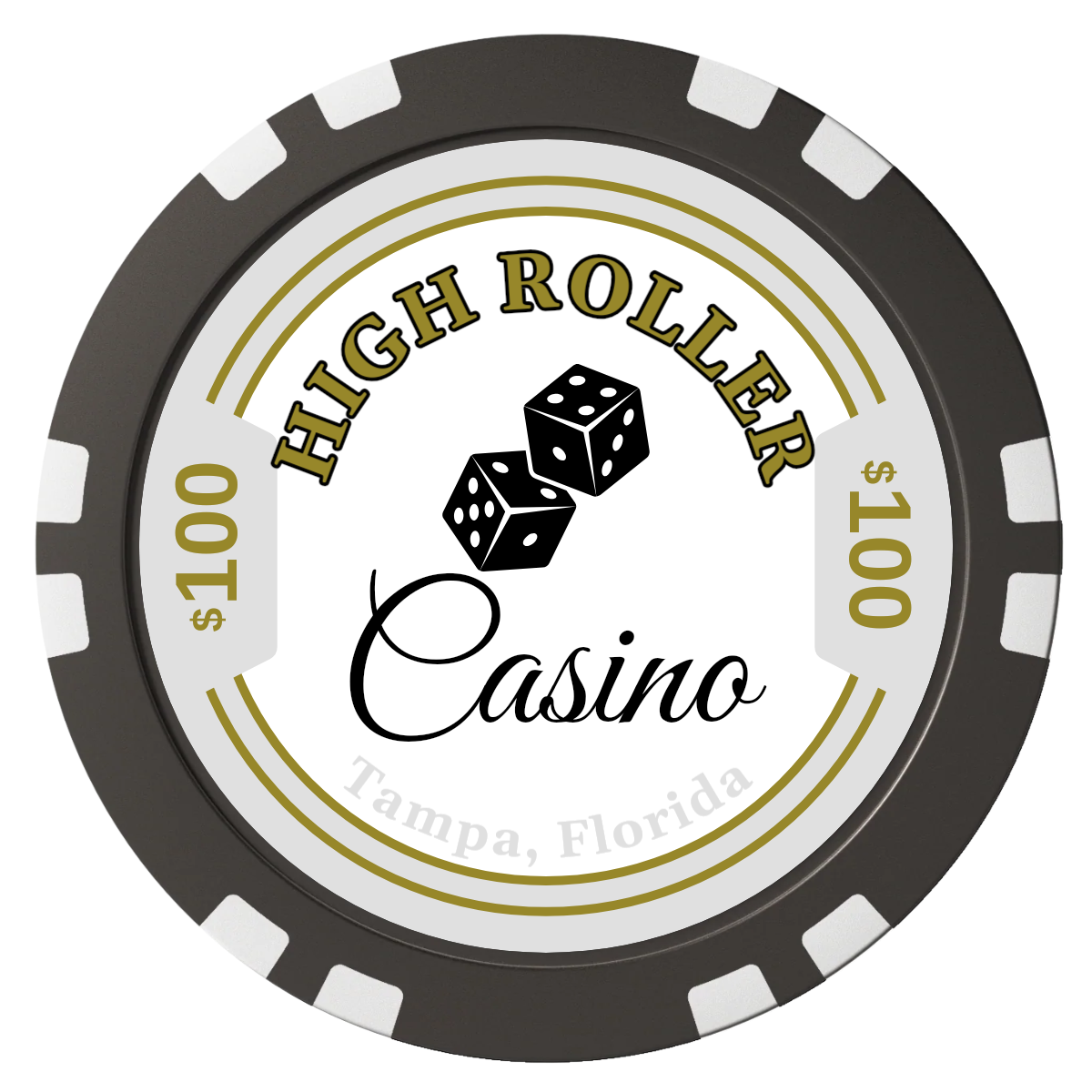 High Roller Casino Composite Poker Chips - Black / Double Stripe - Front