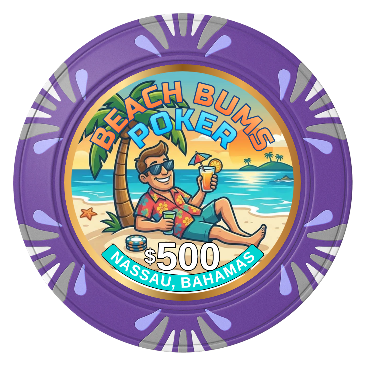 Sandy's Casino Clay Poker Chips - Purple / Macau / 40mm - Front