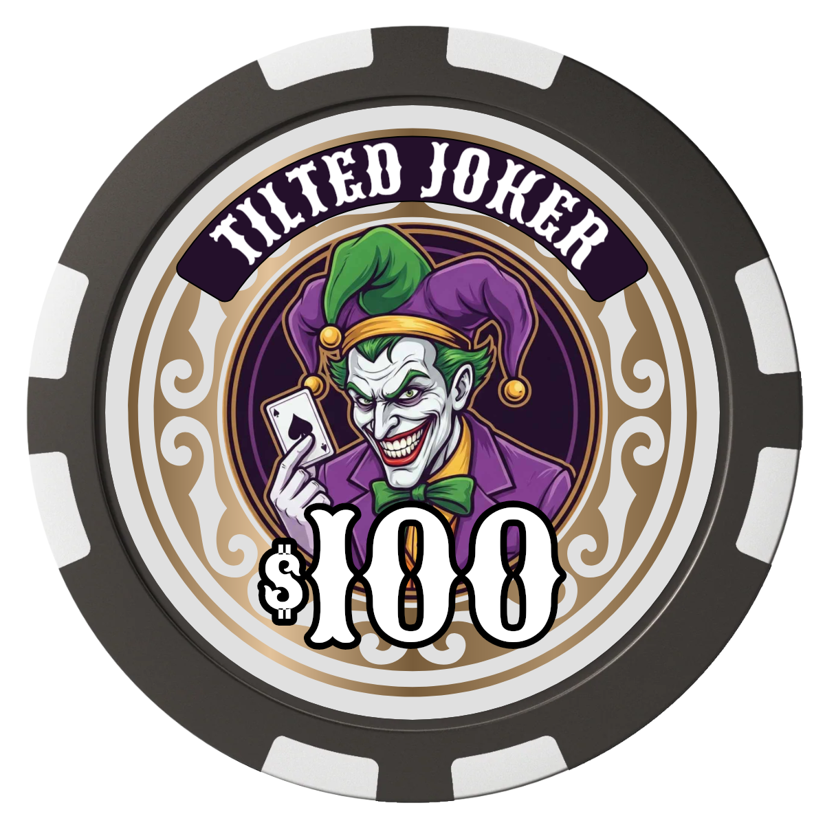 Tilted Joker Composite Poker Chips - Black / 8 Stripe - Front