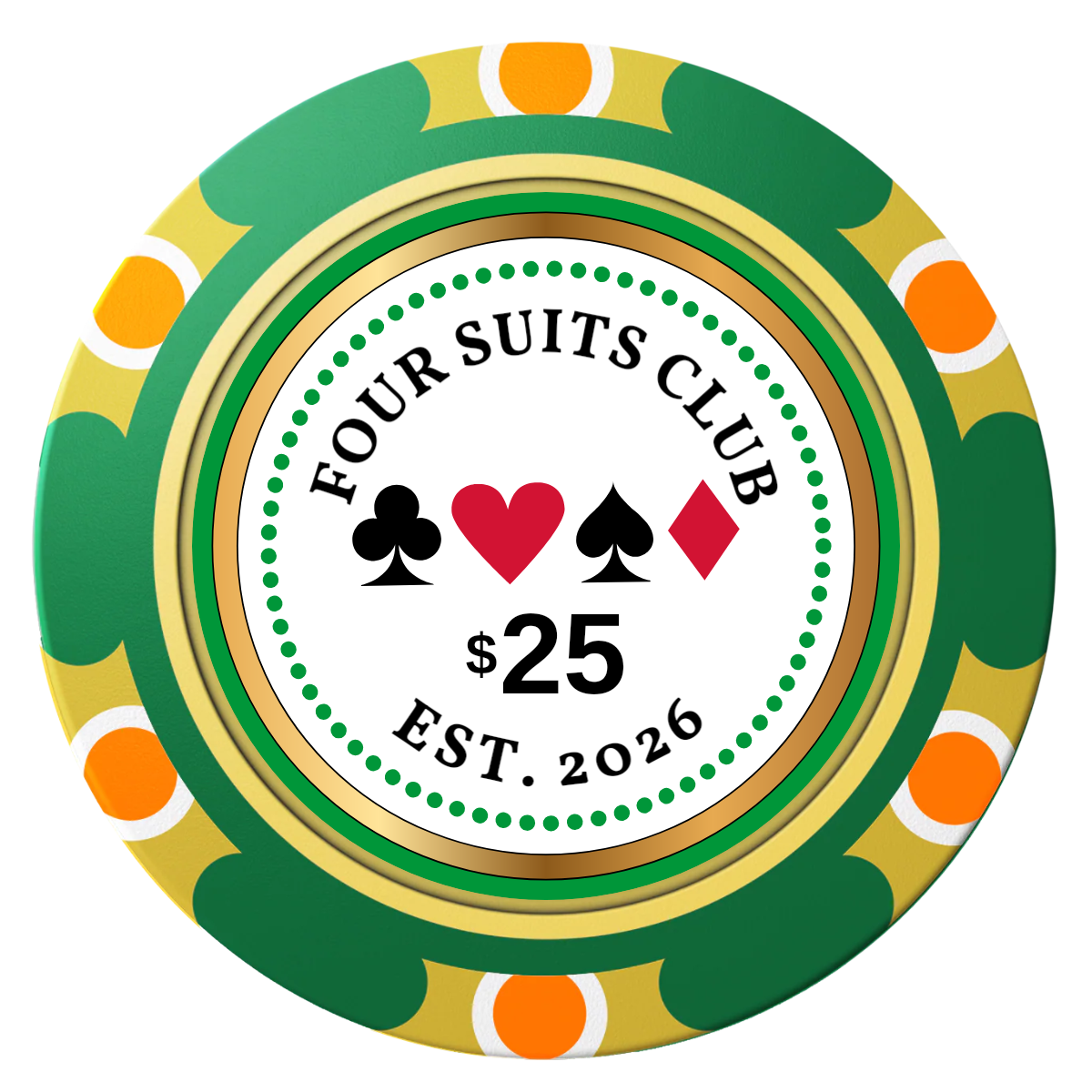 Fours Suits Club Clay Poker Chips - Green / Monte Carlo / 40mm - Front