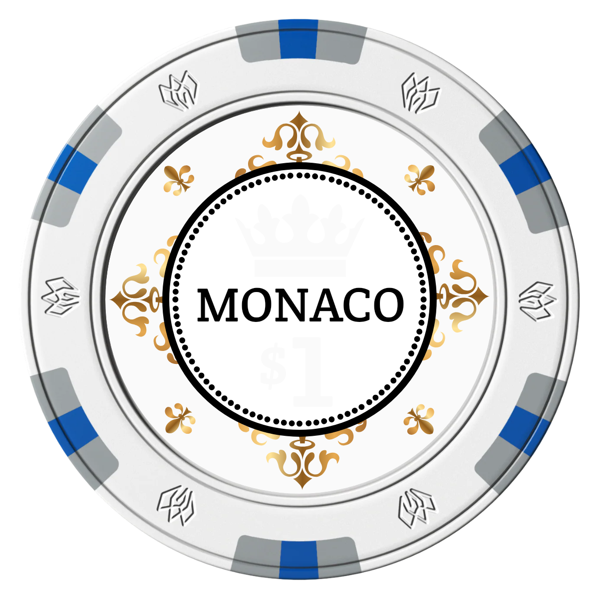 Monaco #001 Clay Poker Chips - White / 6 Spot Gem / 40mm - Front