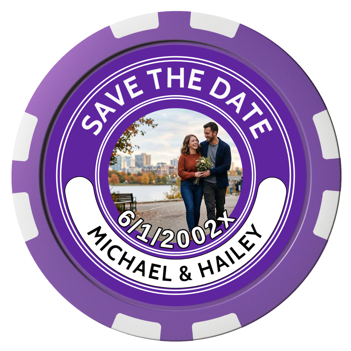 Save the Date Photo QR Code Composite Poker Chips - Purple / 8 Stripe - Front