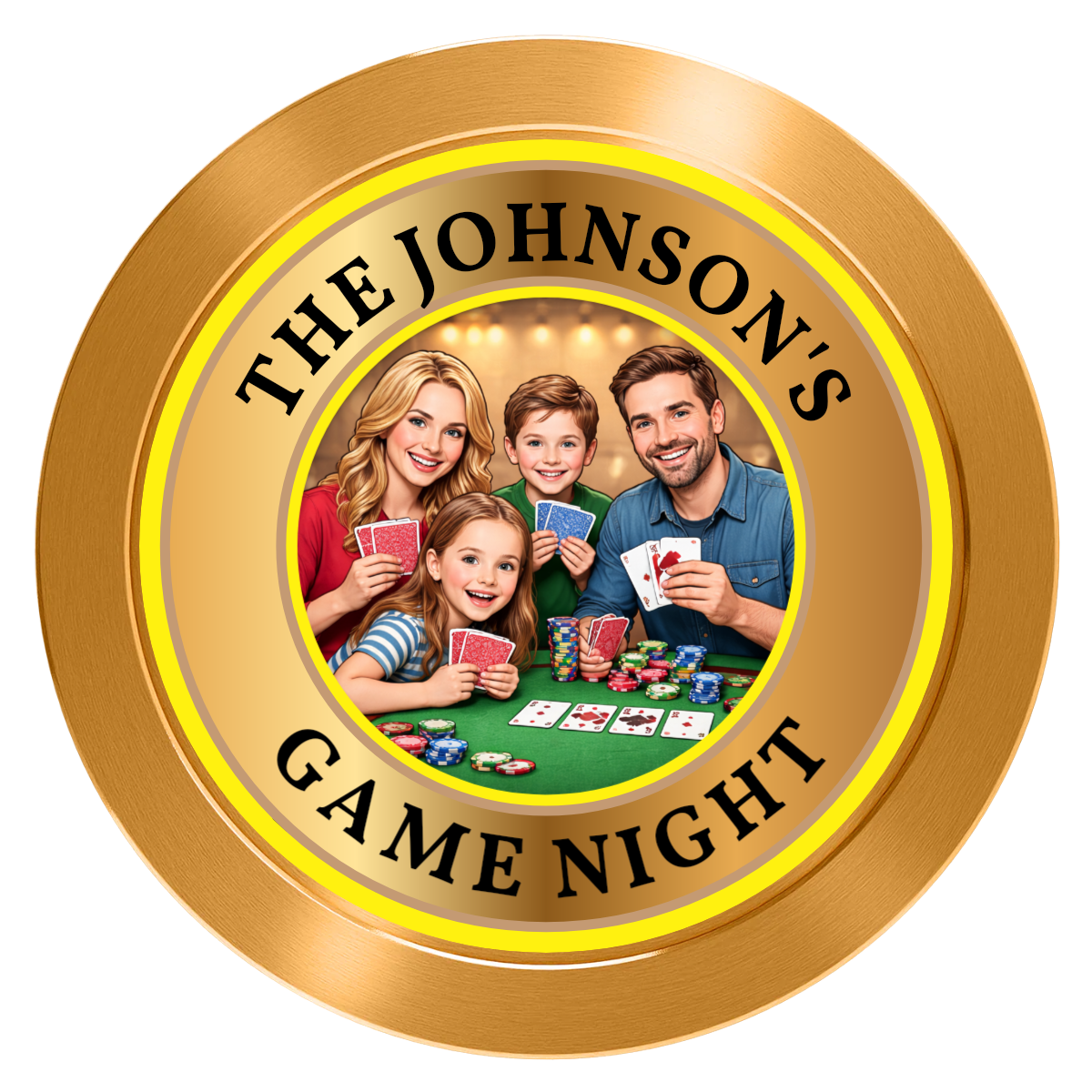 Family Game Night Aluminum Poker Card Guards - Gold - Front