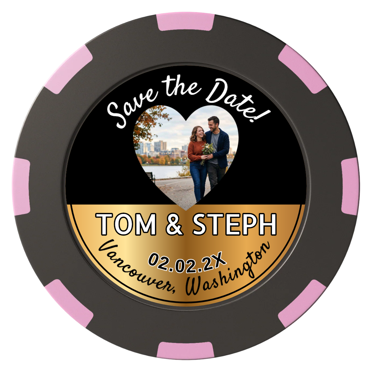 Save the Date Hearts Clay Poker Chips - Black / 8 Spot (2 Tone) / 40mm - Front