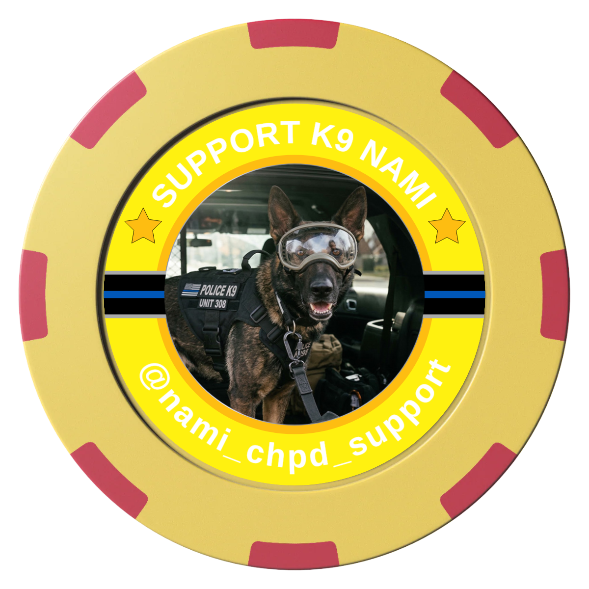 Police Department K9 #02 Clay Poker Chips - Yellow / 8 Spot (2 Tone) / 40mm - Front