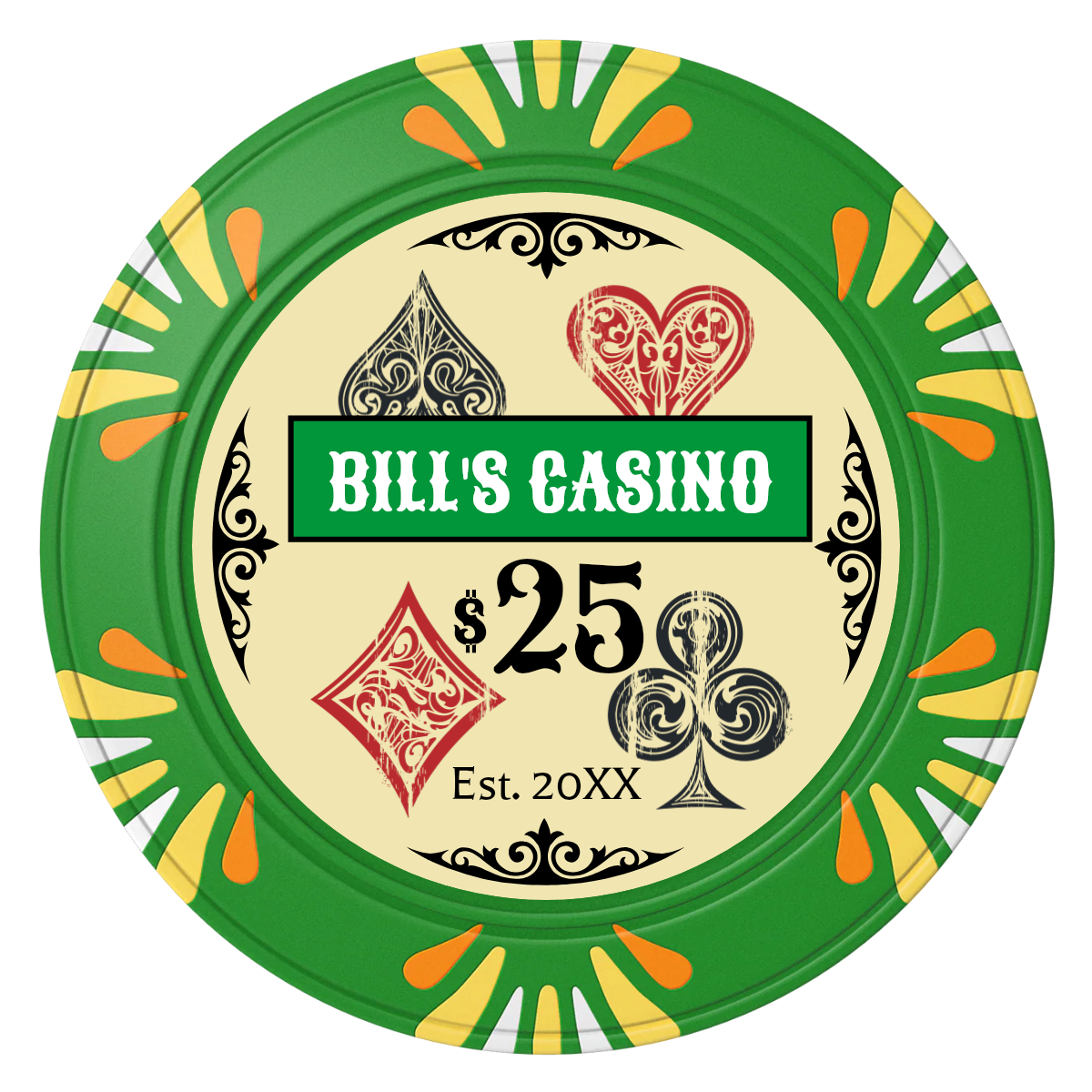 Vintage Four Suits Clay Poker Chips - Green / Macau / 40mm - Front