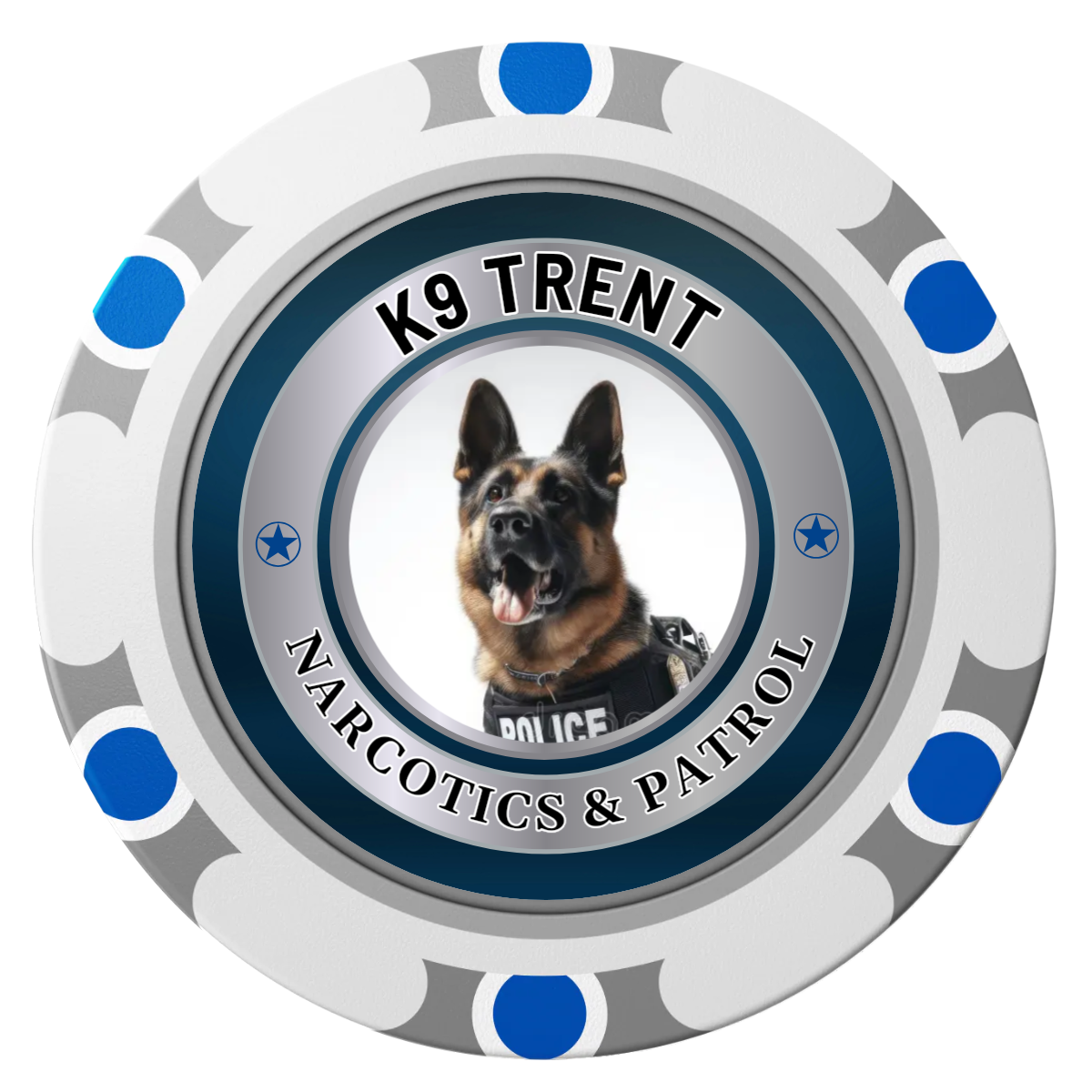 K-9 Trent Clay Poker Chips - White / Monte Carlo / 40mm - Front