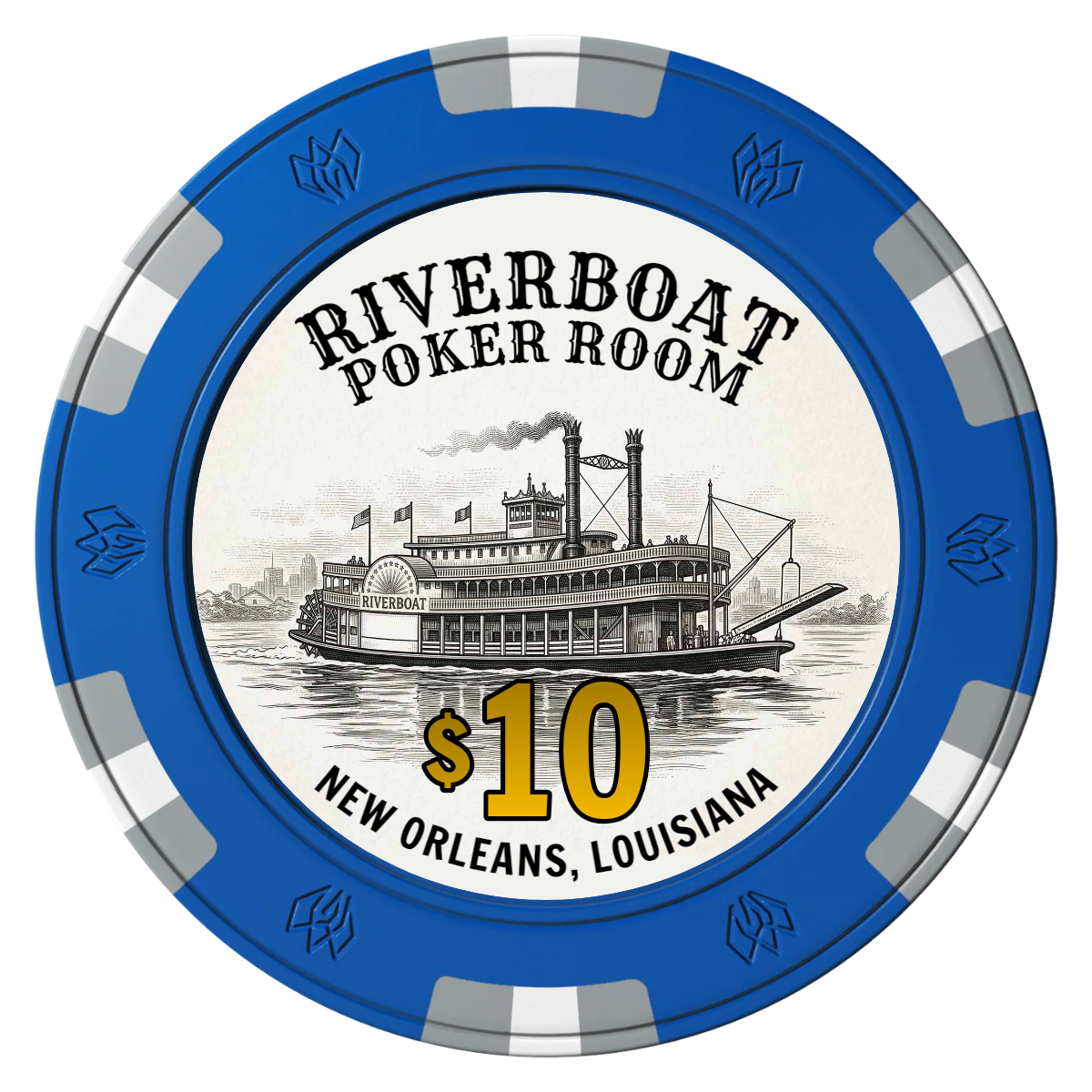 Riverboat Poker Room Clay Poker Chips - Blue / 6 Spot Gem / 40mm - Front