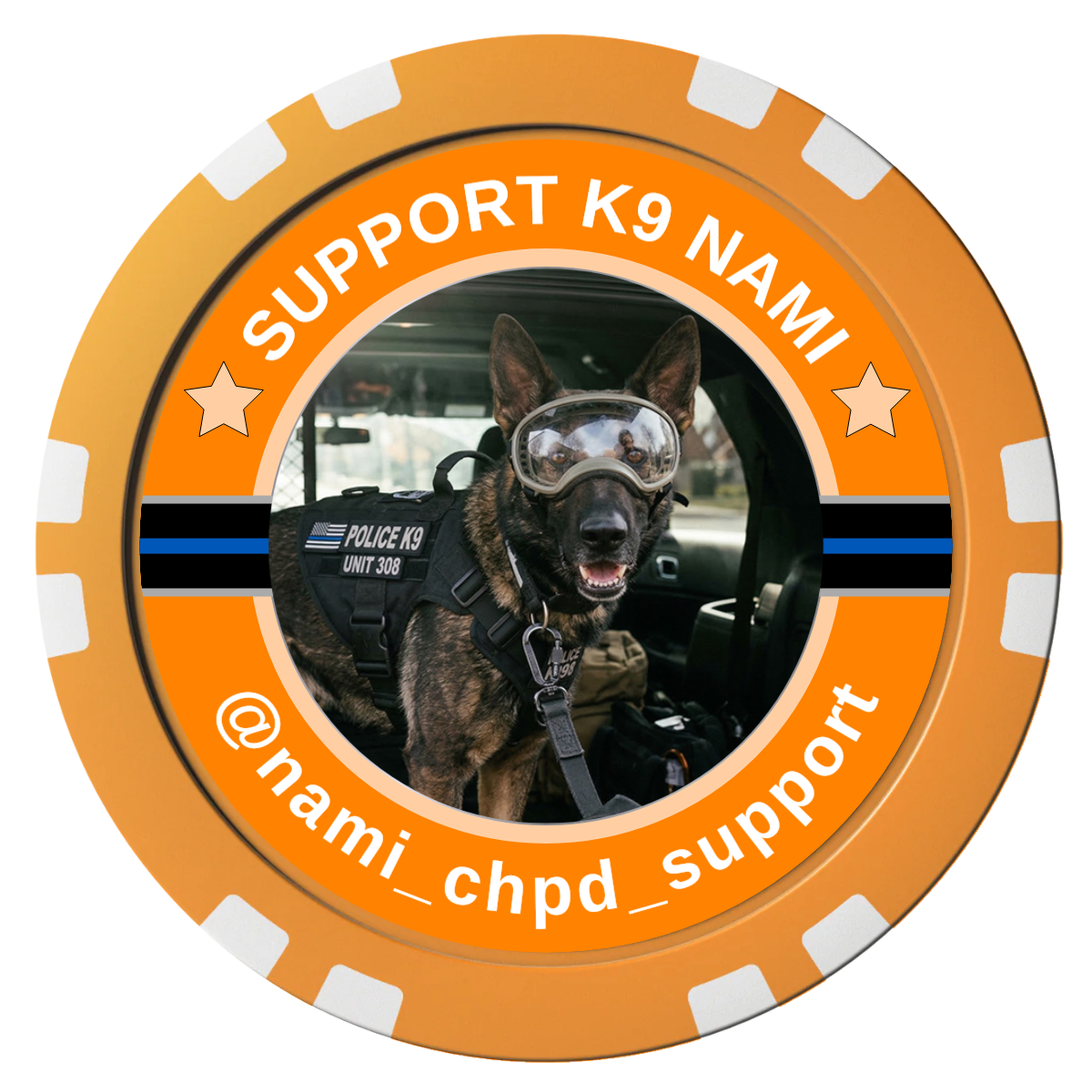 Police Department K9 #02 Composite Poker Chips - Orange / Double Stripe - Front