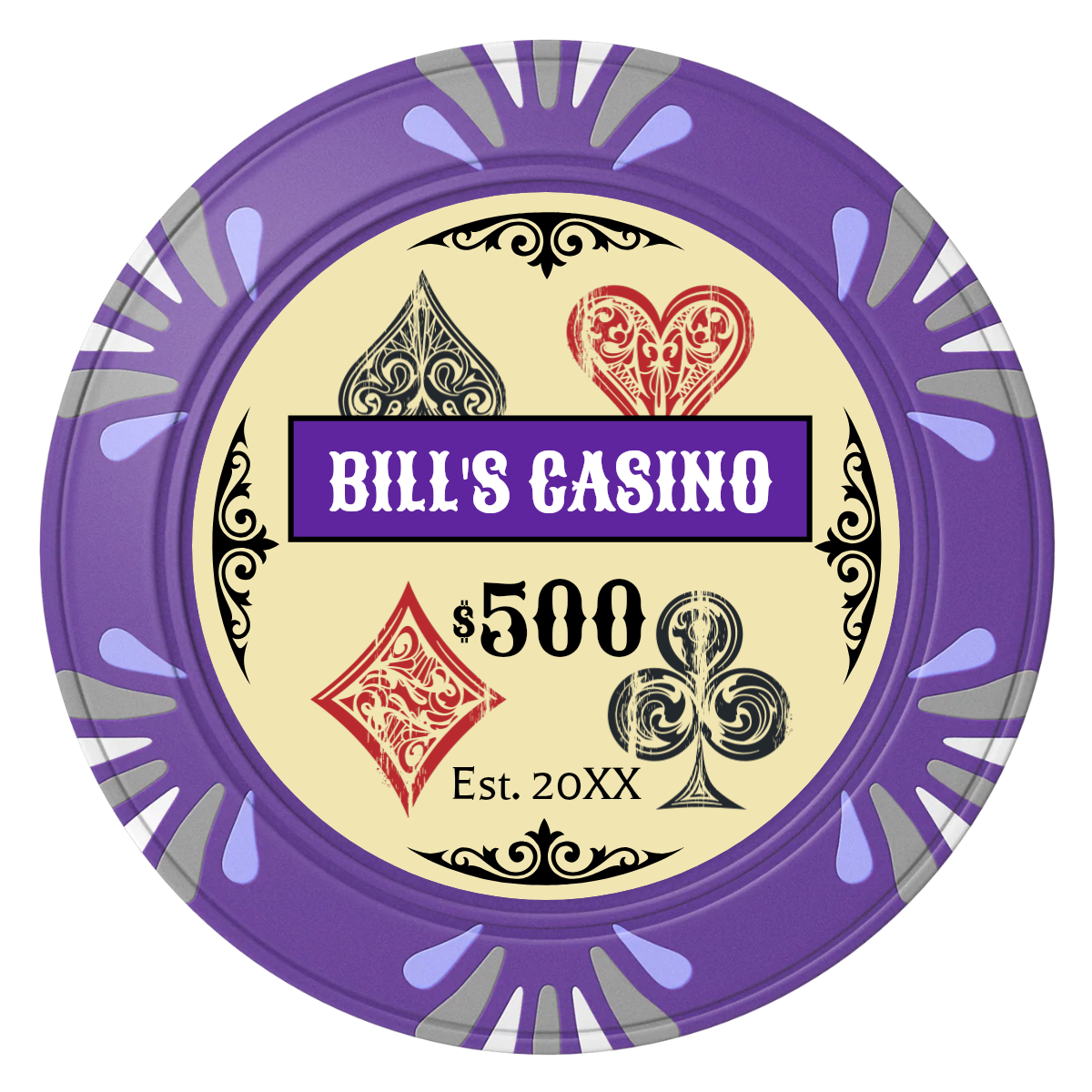Vintage Four Suits Clay Poker Chips - Purple / Macau / 40mm - Front
