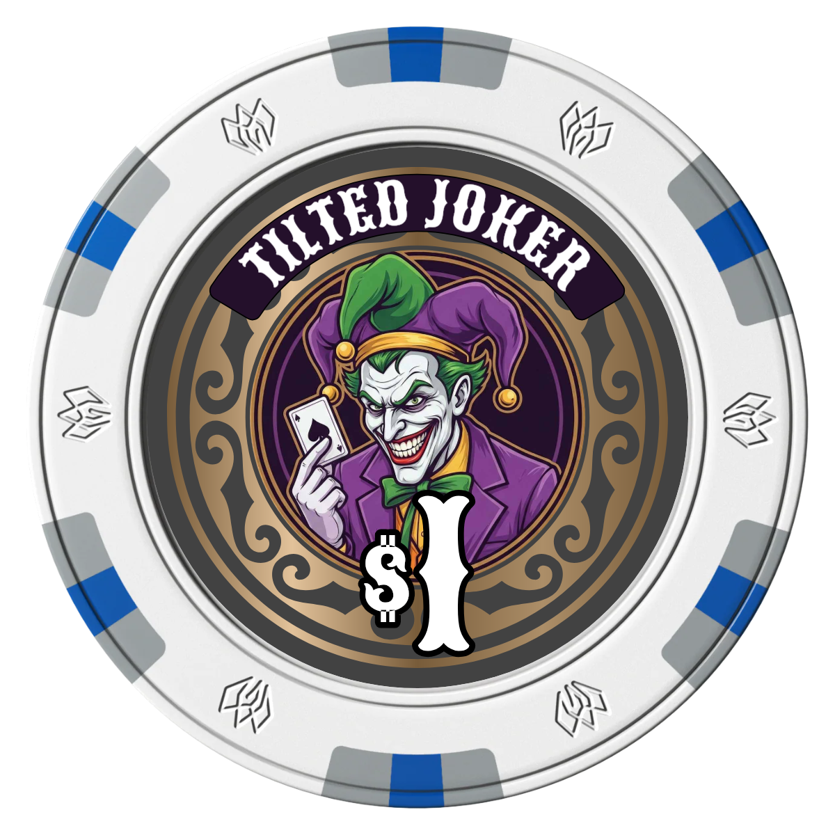 Tilted Joker Clay Poker Chips - White / 6 Spot Gem / 43mm - Front