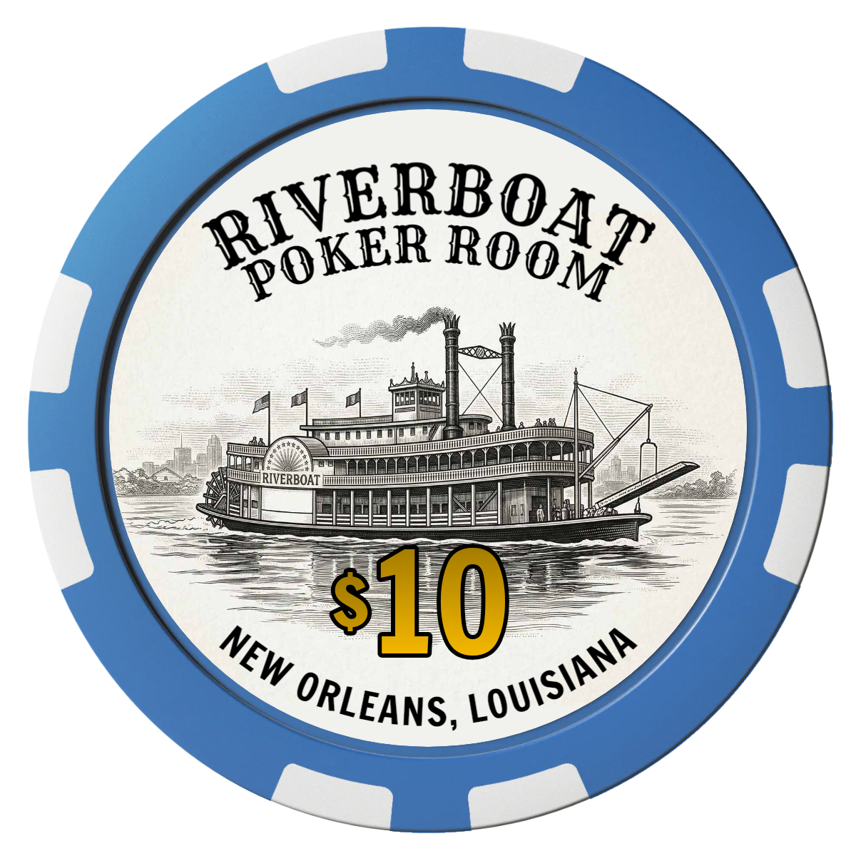 Riverboat Poker Room Composite Poker Chips - Blue / 8 Stripe - Front