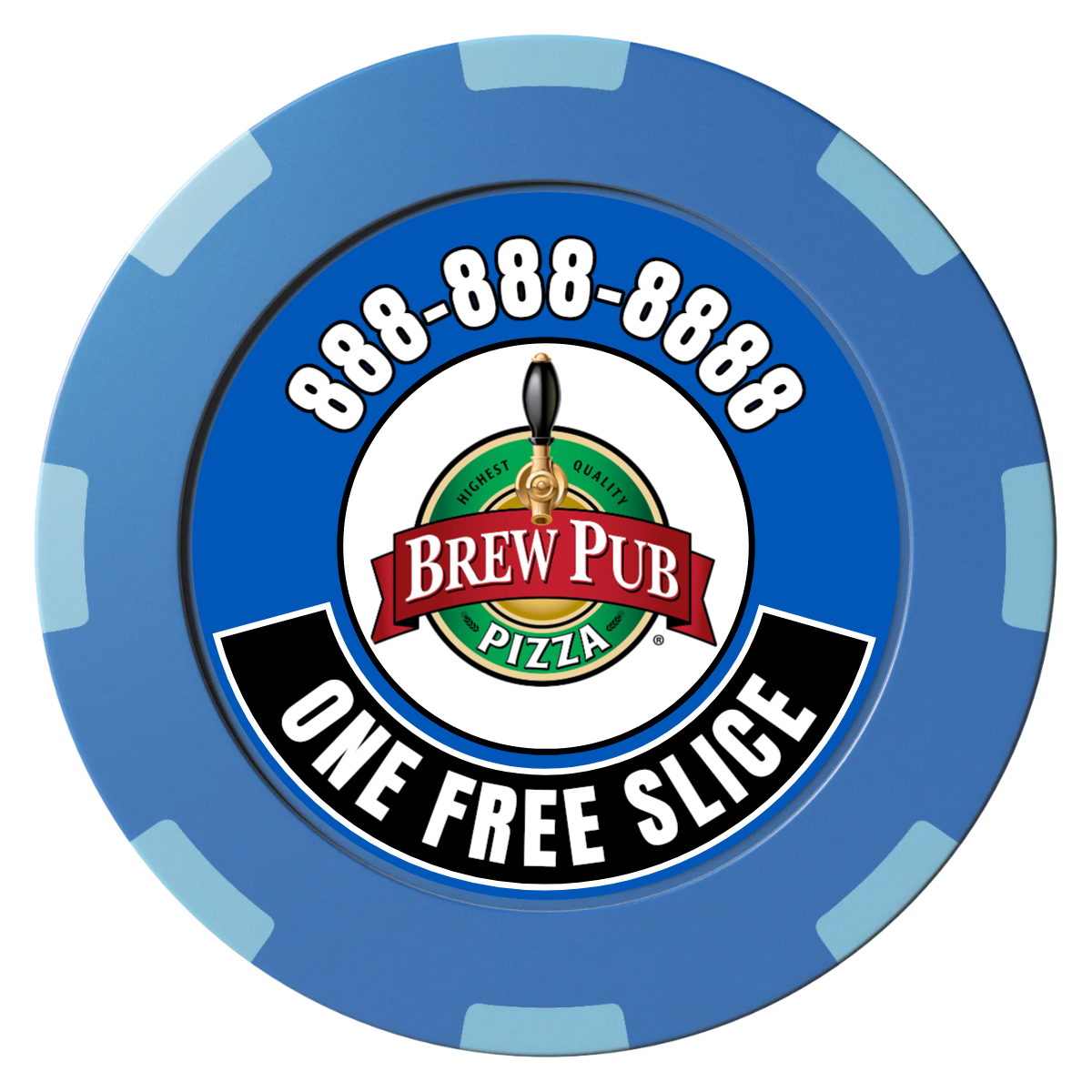 Brew Pub or Pizzeria with Logo Clay Poker Chips - Blue / 8 Spot (2 Tone) / 40mm - Front