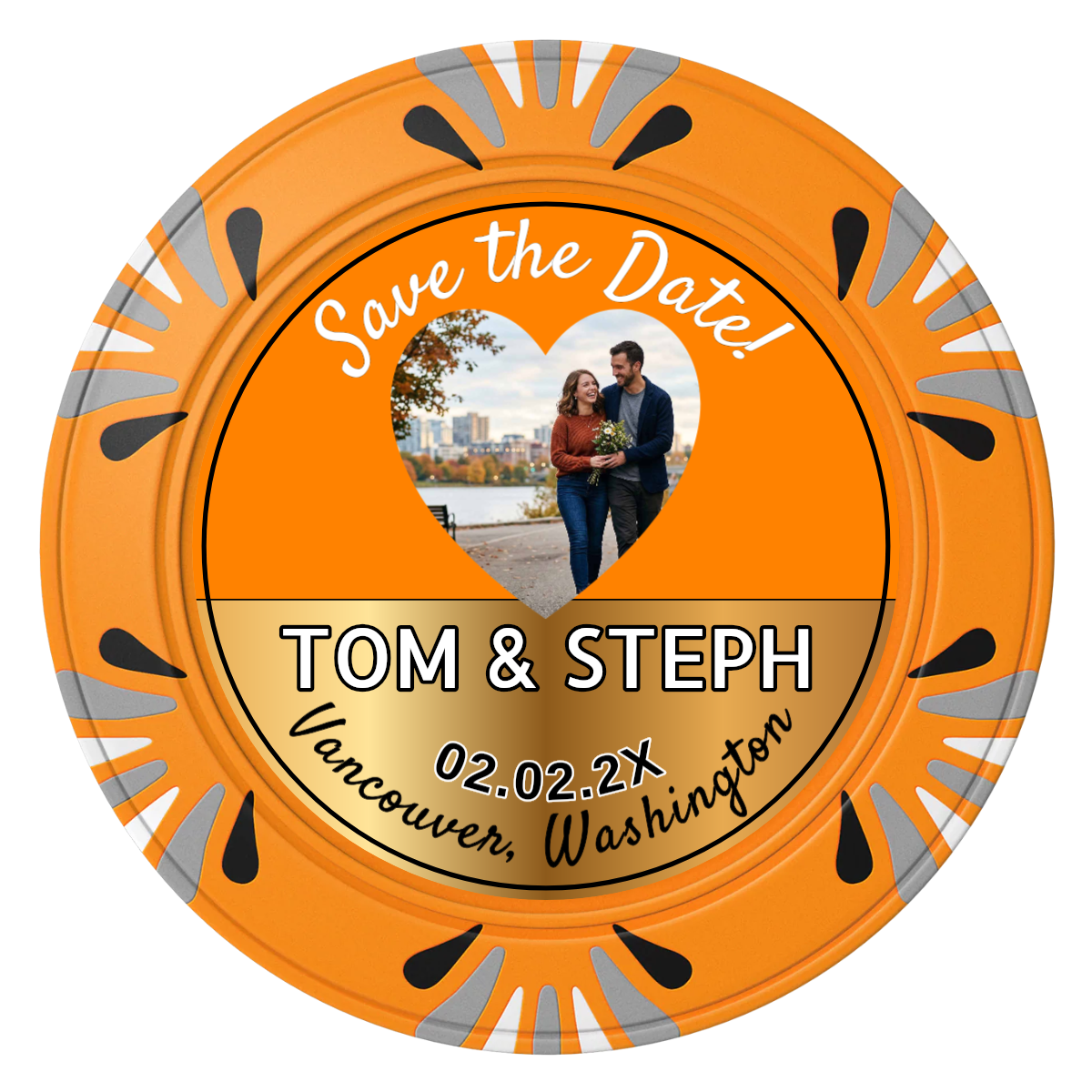 Save the Date Hearts Clay Poker Chips - Orange / Macau / 40mm - Front