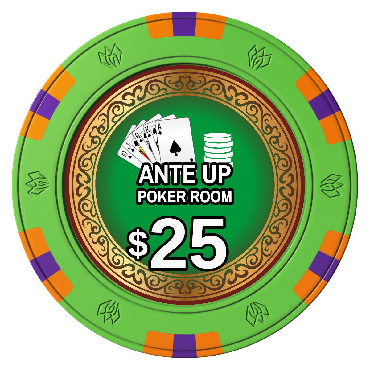 Ante Up Poker Room Clay Poker Chips - Green / 6 Spot Gem / 43mm - Front