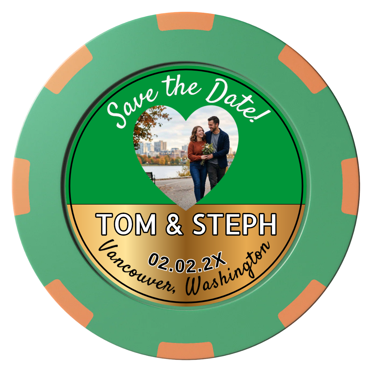 Save the Date Hearts Clay Poker Chips - Green / 8 Spot (2 Tone) / 40mm - Front