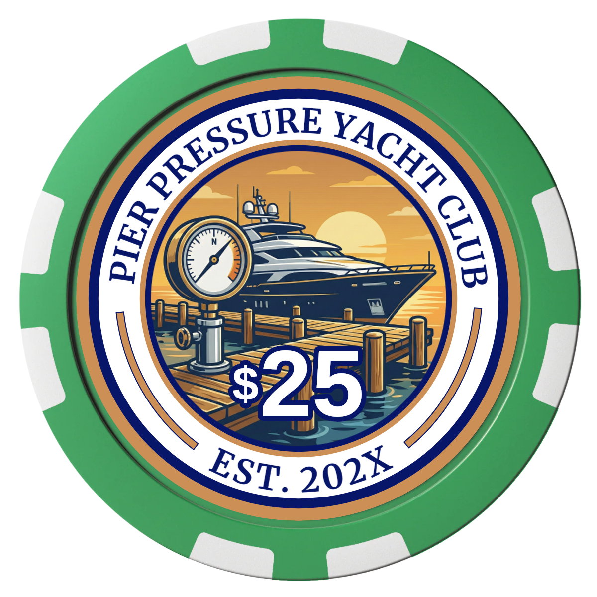 Anchor Down Card Room Composite Poker Chips - Green / 8 Stripe - Front