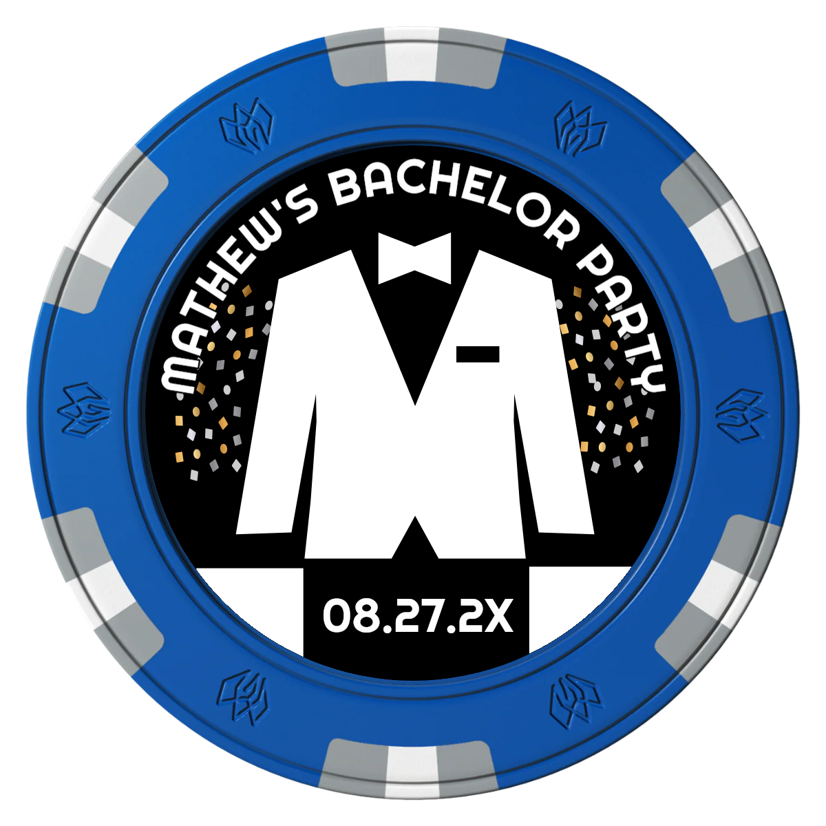 Bachelor No More Bowtie Clay Poker Chips - Blue / 6 Spot Gem / 43mm - Front