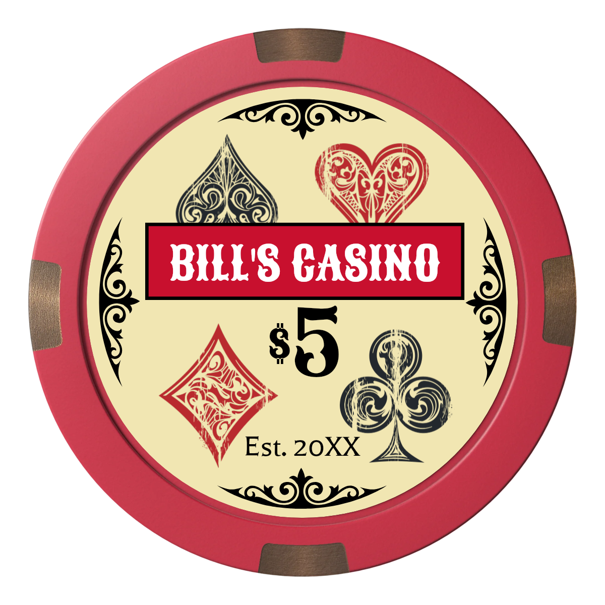 Vintage Four Suits Composite & Metal Hybrid Poker Chips - Red - Front