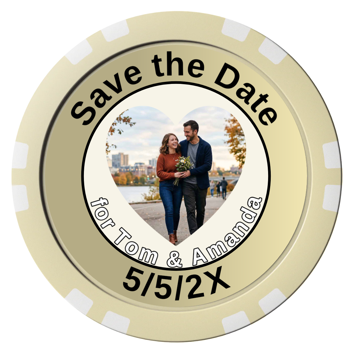 Save the Date #01 Composite Poker Chips - Ivory / Double Stripe - Front