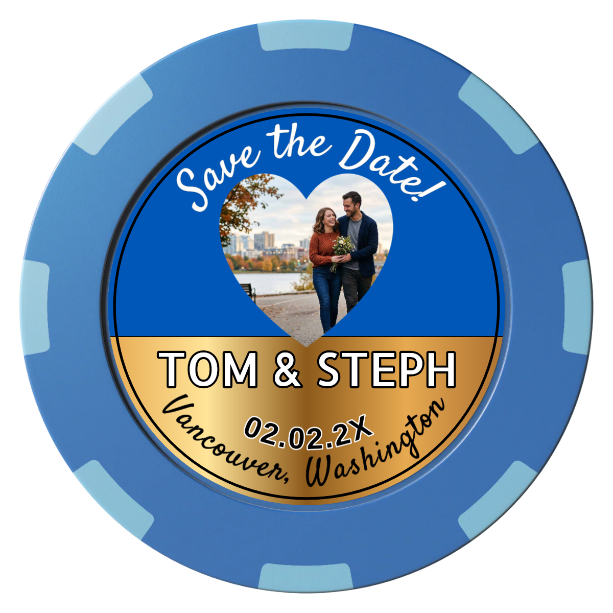 Save the Date Hearts Clay Poker Chips - Blue / 8 Spot (2 Tone) / 40mm - Front