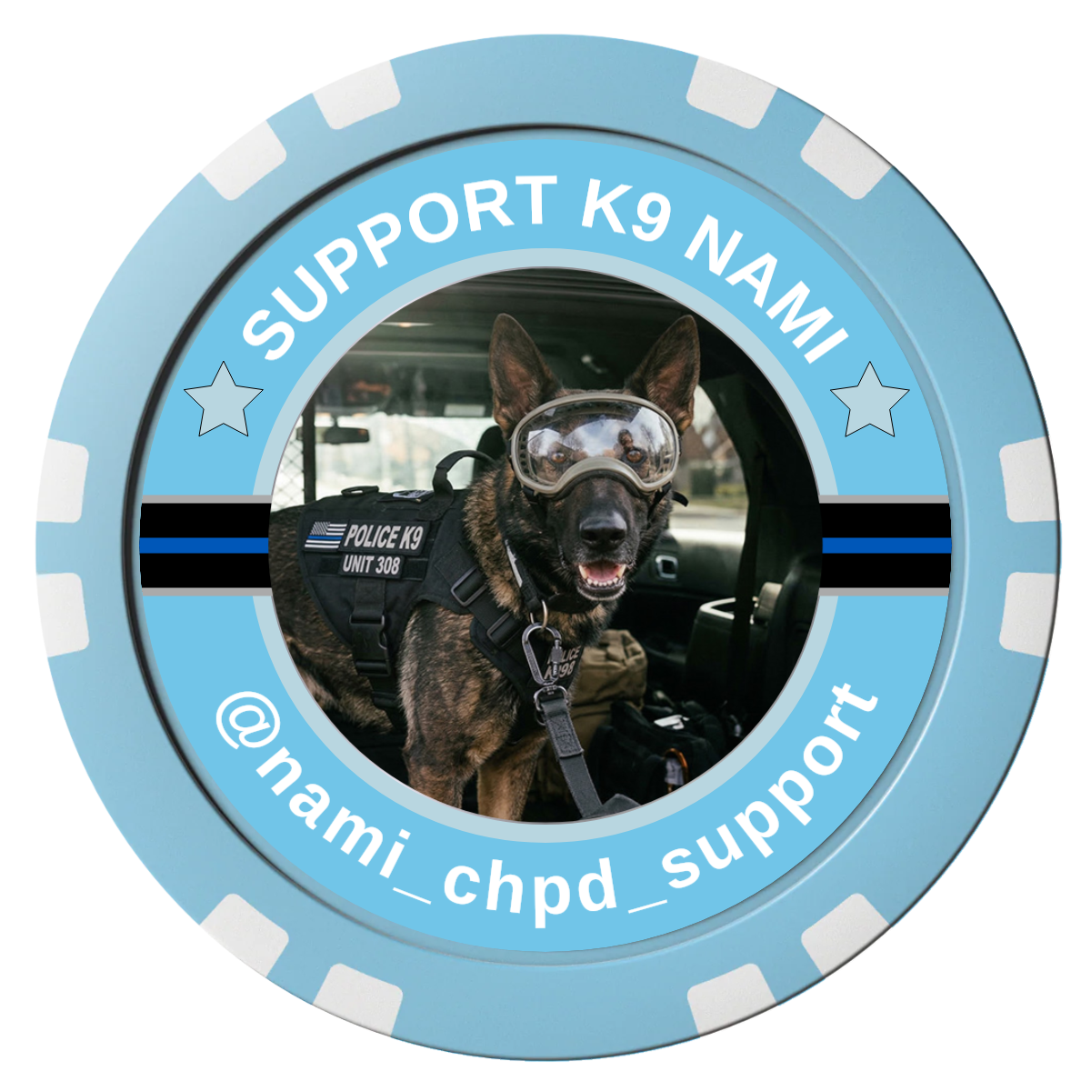 Police Department K9 #02 Composite Poker Chips - Light Blue / Double Stripe - Front
