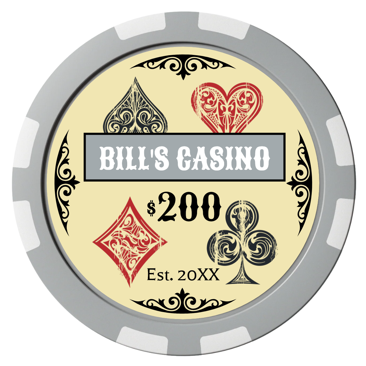 Vintage Four Suits Composite Poker Chips - Gray / 8 Stripe - Front