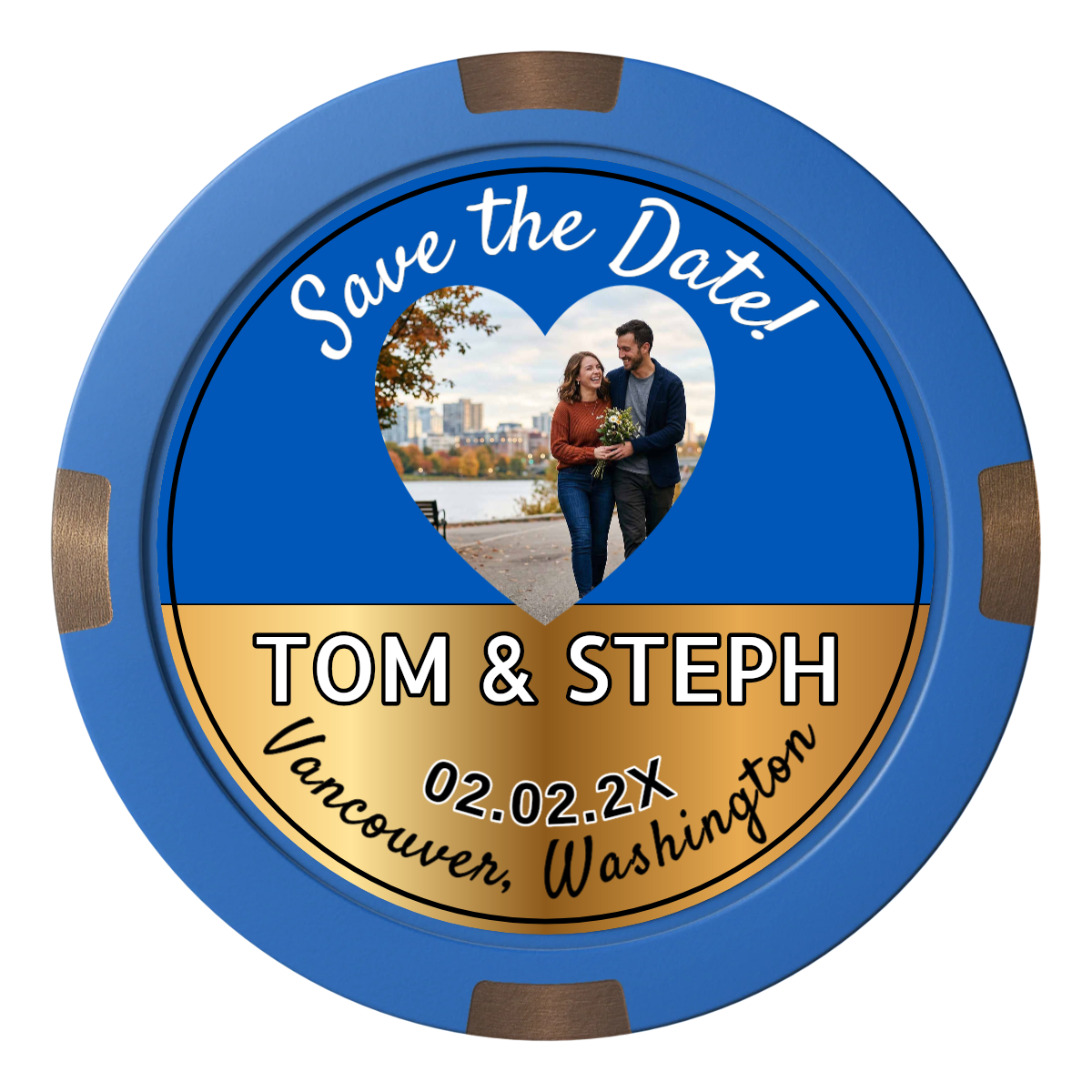 Save the Date Hearts Composite & Metal Hybrid Poker Chips - Blue - Front
