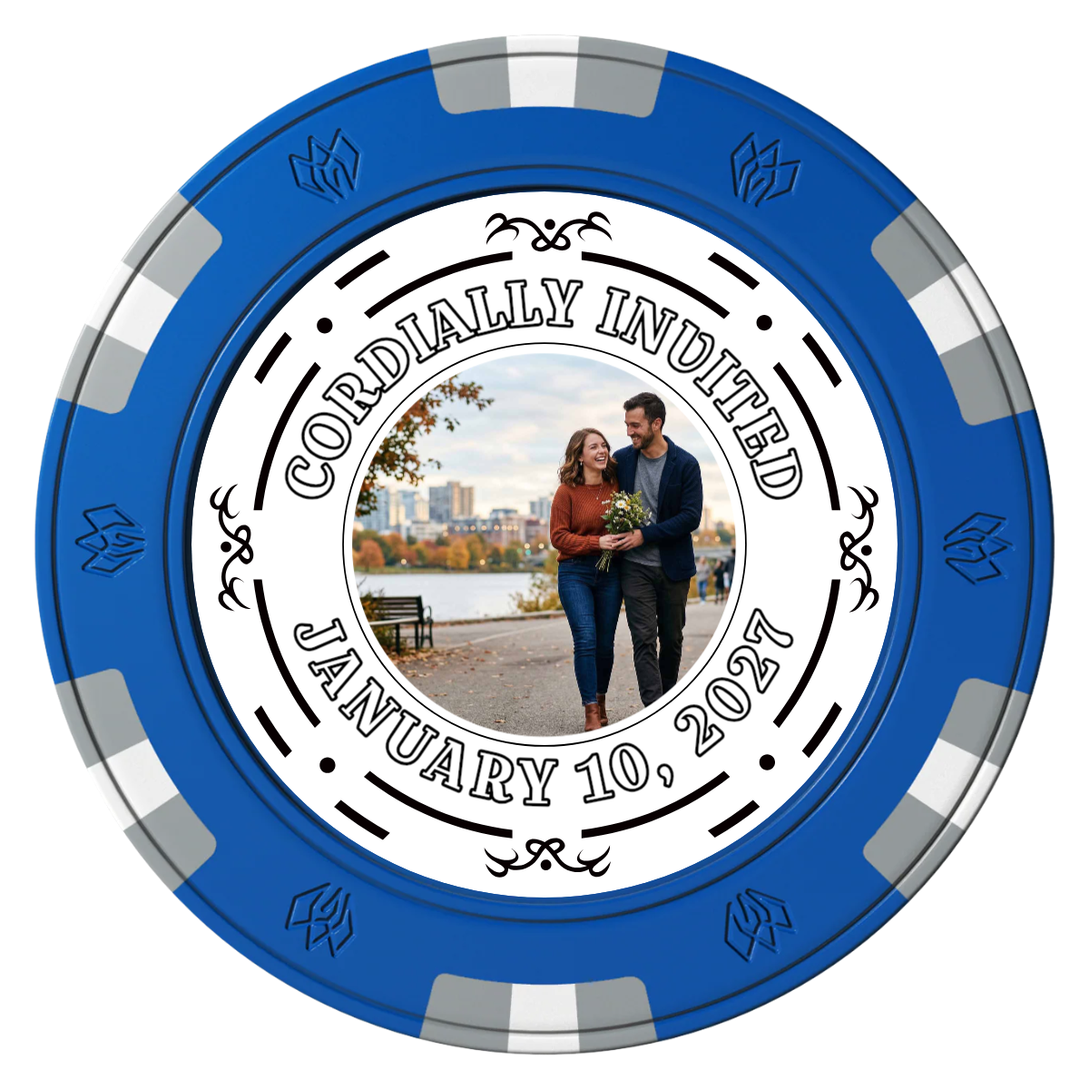 Save the Date Element Clay Poker Chips - Blue / 6 Spot Gem / 43mm - Front