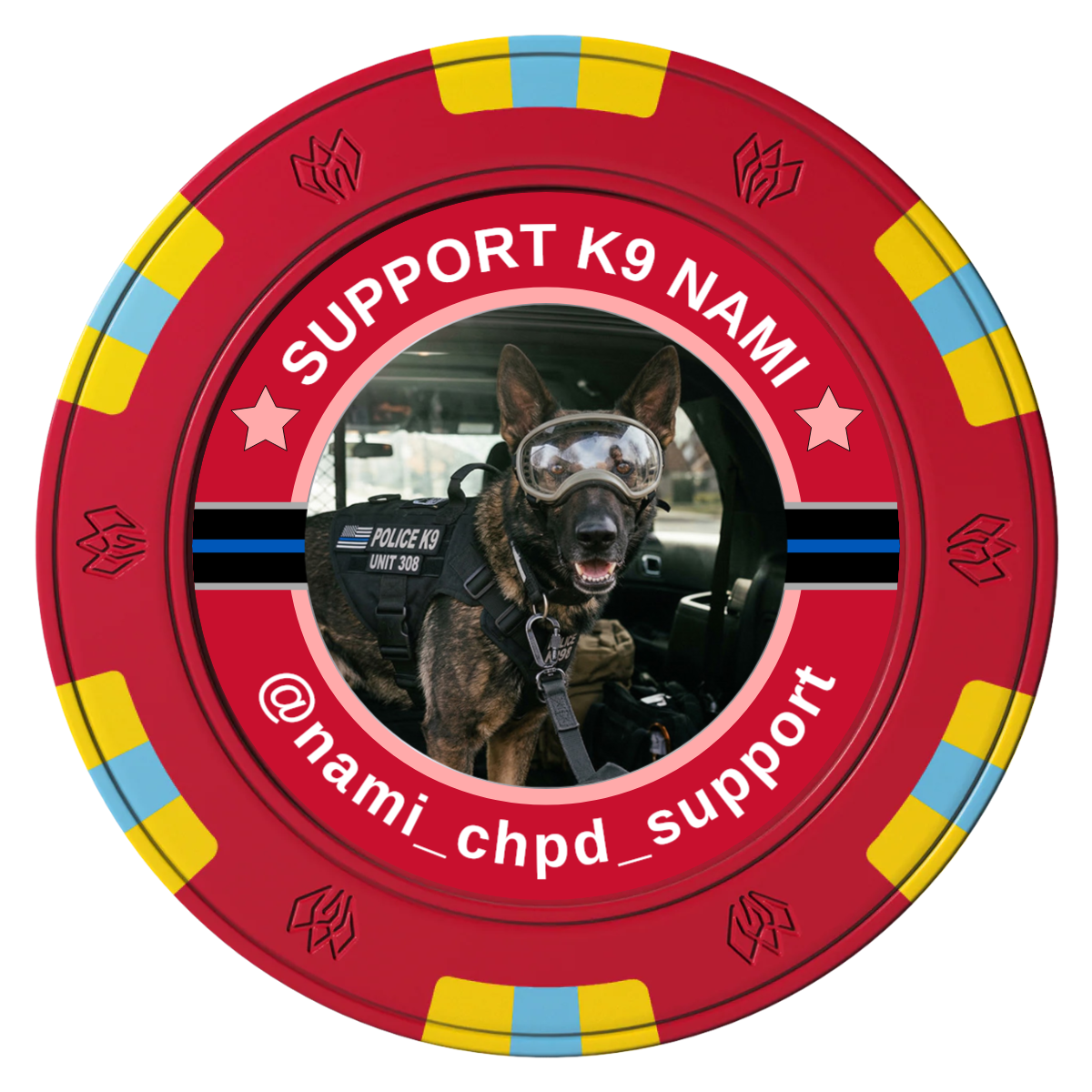 Police Department K9 #02 Clay Poker Chips - Red / 6 Spot Gem / 43mm - Front