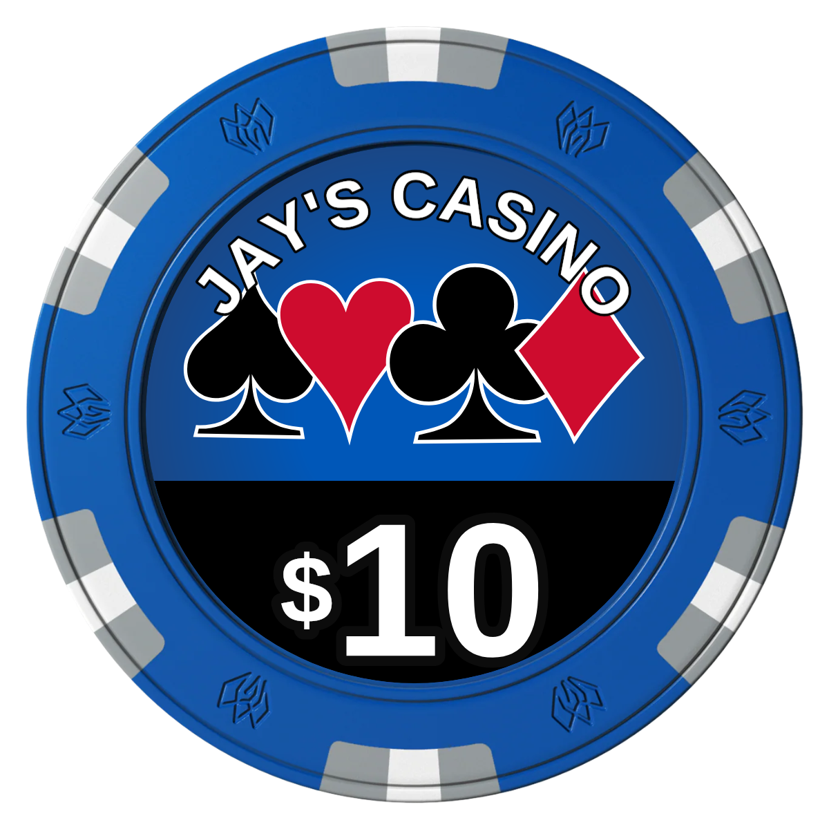 Jay's Casino Clay Poker Chips - Blue / 6 Spot Gem / 43mm - Front