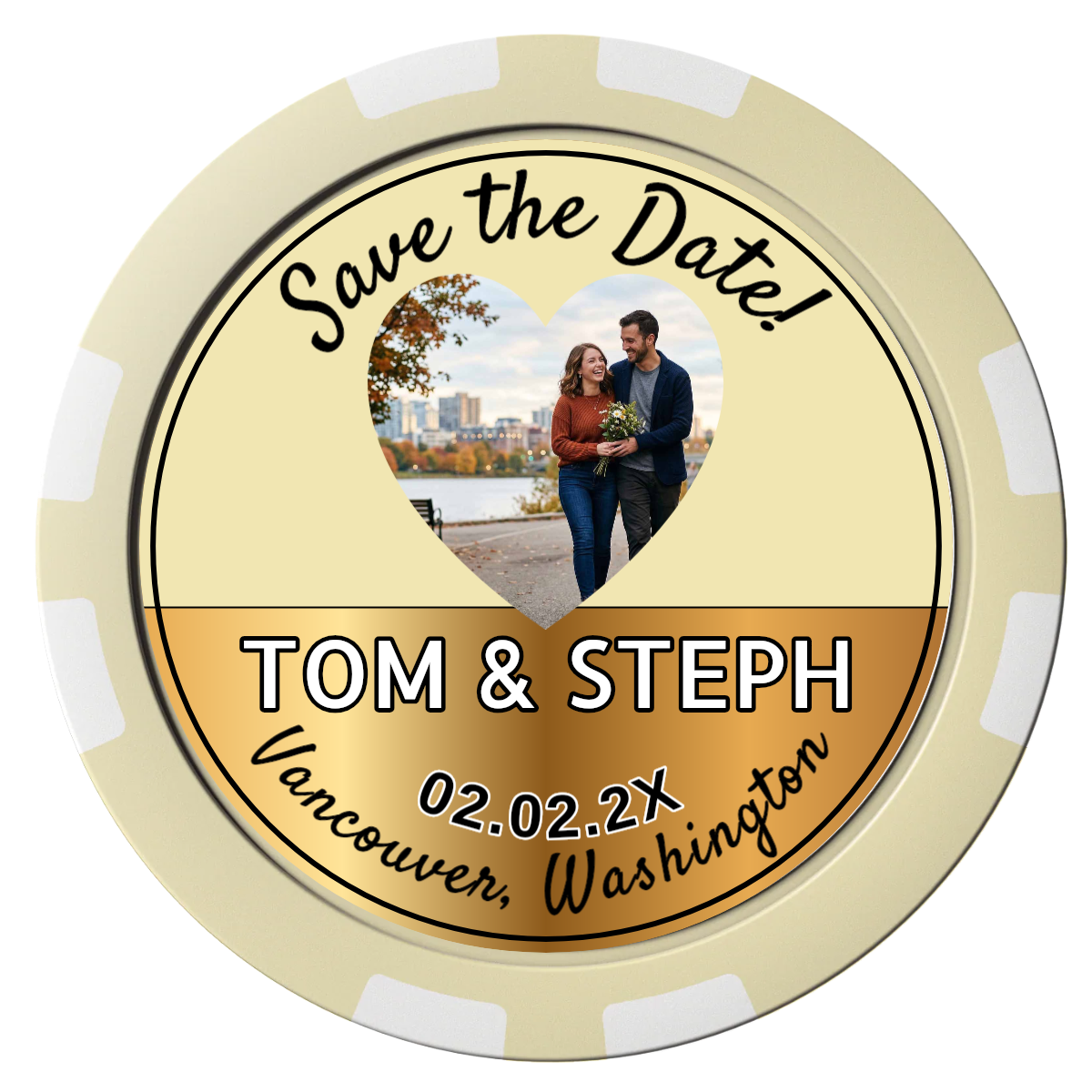 Save the Date Hearts Composite Poker Chips - Ivory / 8 Stripe - Front