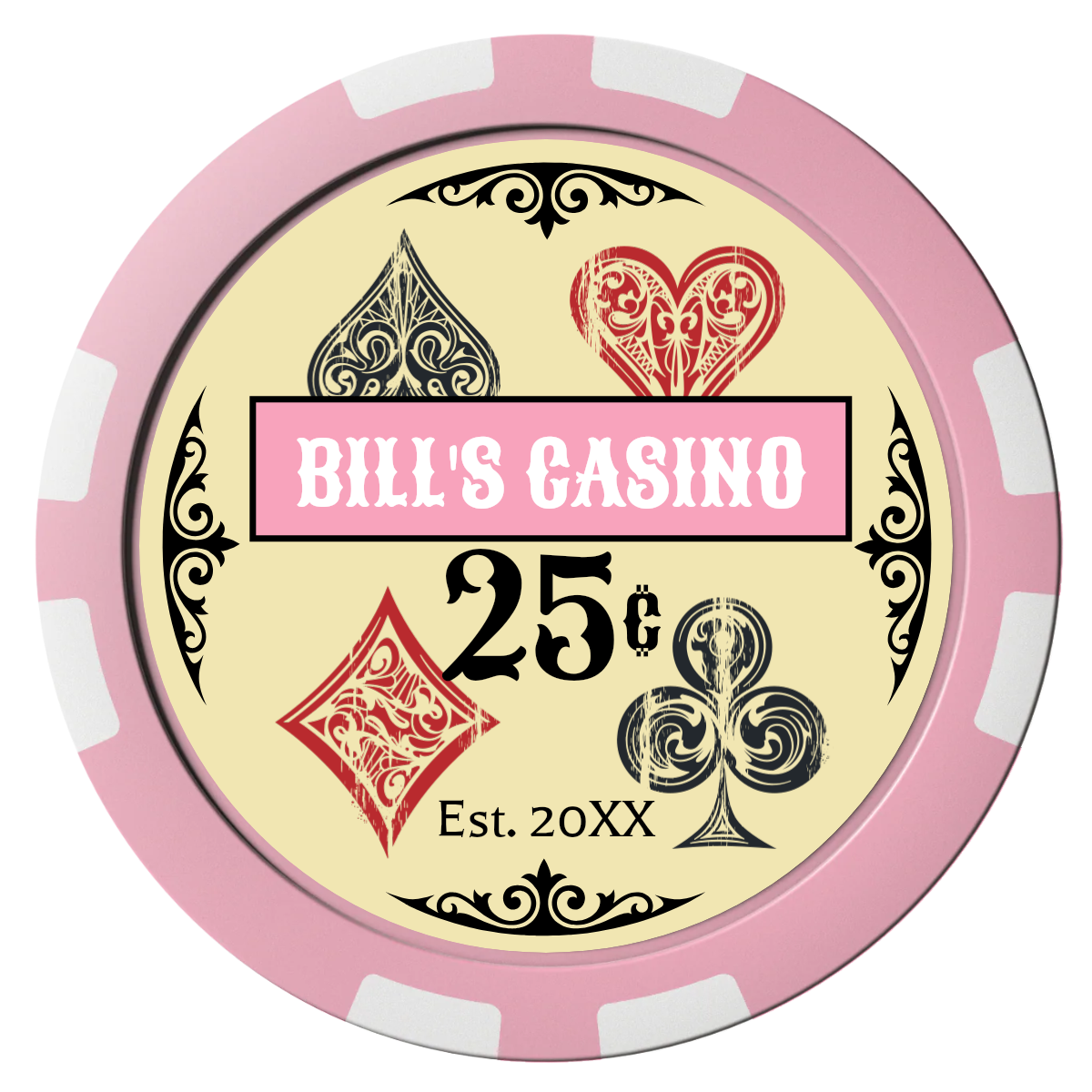 Vintage Four Suits Composite Poker Chips - Pink / 8 Stripe - Front