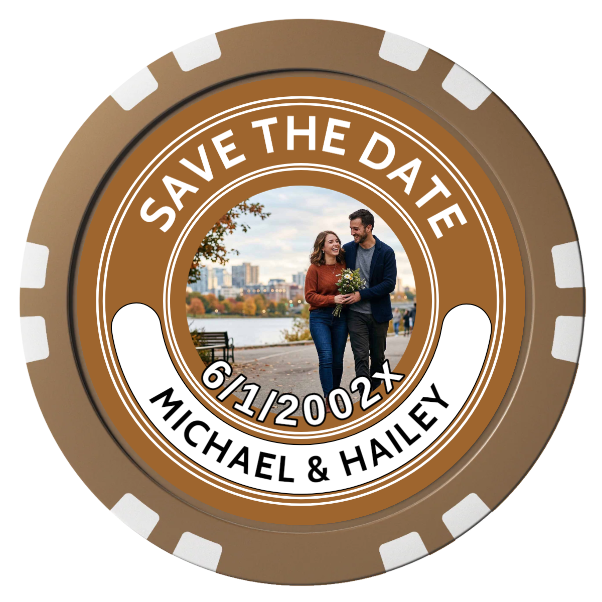 Save the Date Photo QR Code Composite Poker Chips - Brown / Double Stripe - Front