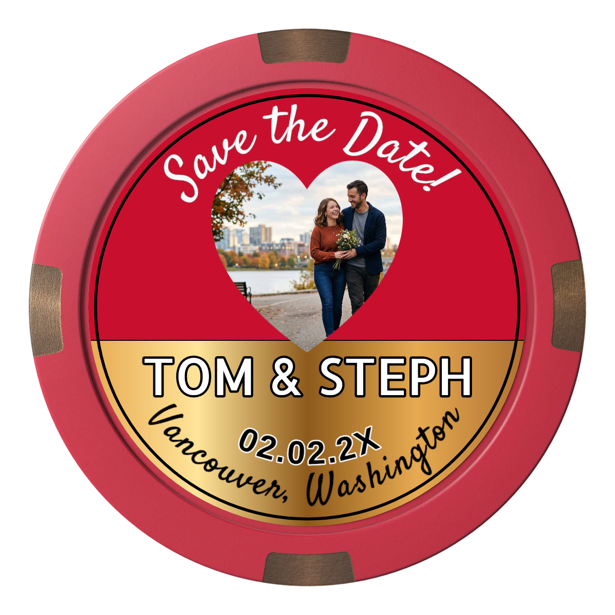 Save the Date Hearts Composite & Metal Hybrid Poker Chips - Red - Front